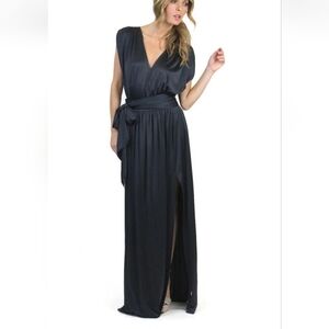 Halston Heritage Black Satin Maxi Dress Long Gown Leg Slit V Neck Size XS